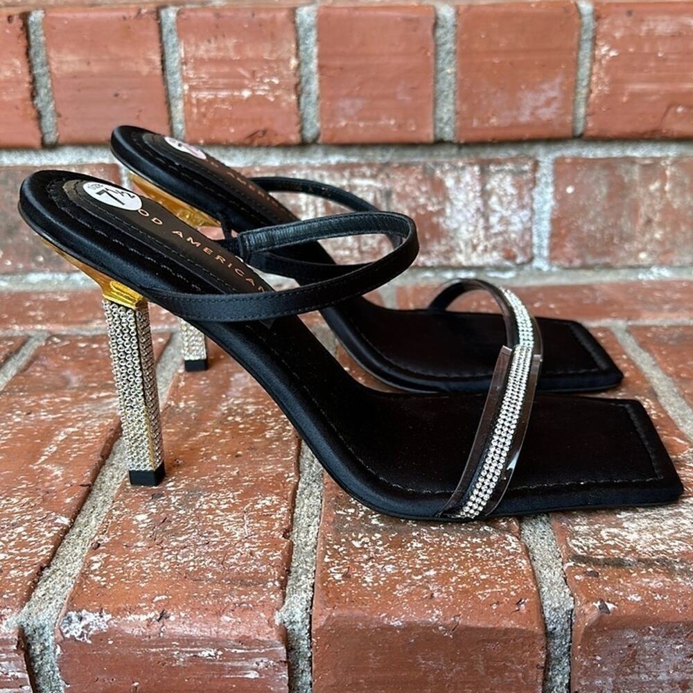 GOOD AMERICAN Black Satin Rhinestone Strappy Heels Square Toe Stiletto Size 7.5